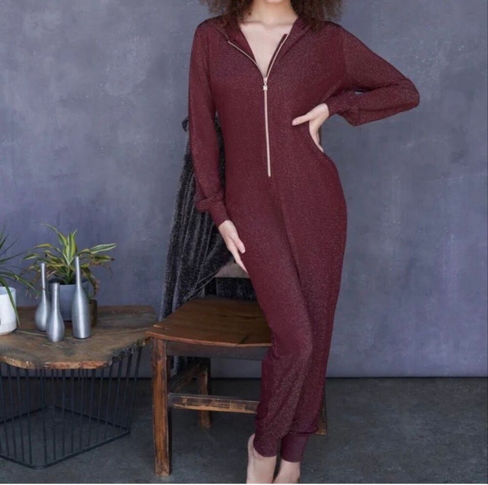 Savage X Fenty Sleep & Shine Hooded Jumpsuit In Burgundy Sparkle. View 3